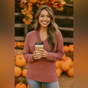 Pink Lily Rose Pink Waffle Knit V-Neck Sweater Women’s Size M Pullover Top